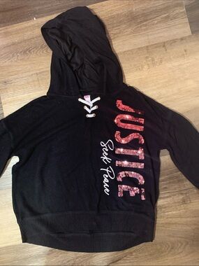 Justice Black Hoodie with Pink Sequin Logo and Lace-Up Neck